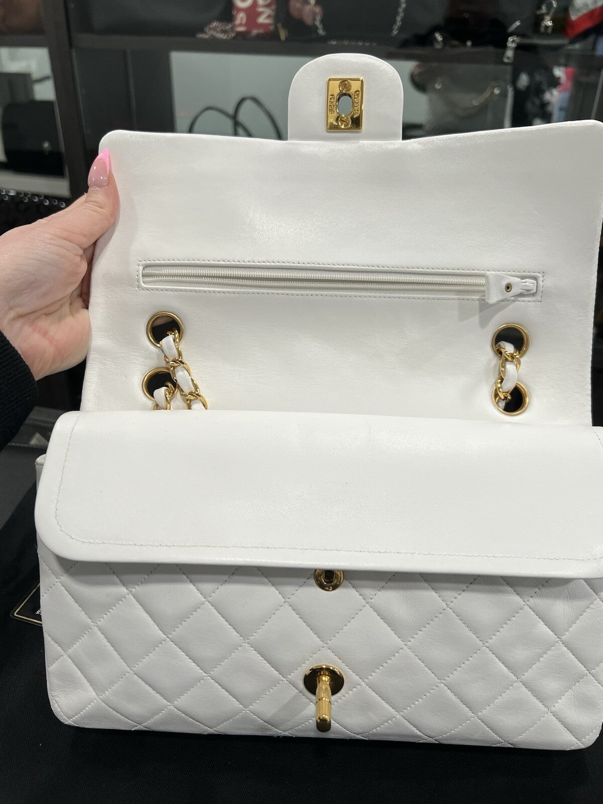 Chanel White 24k Gold Plated Hardware Lambskin Double Flap Classic