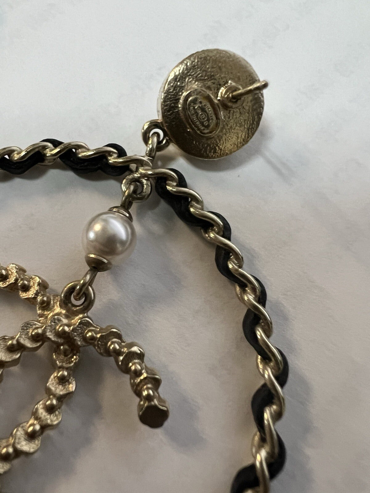 Chanel Lambskin Leather Crystal Pearl Logo Hoop Earrings