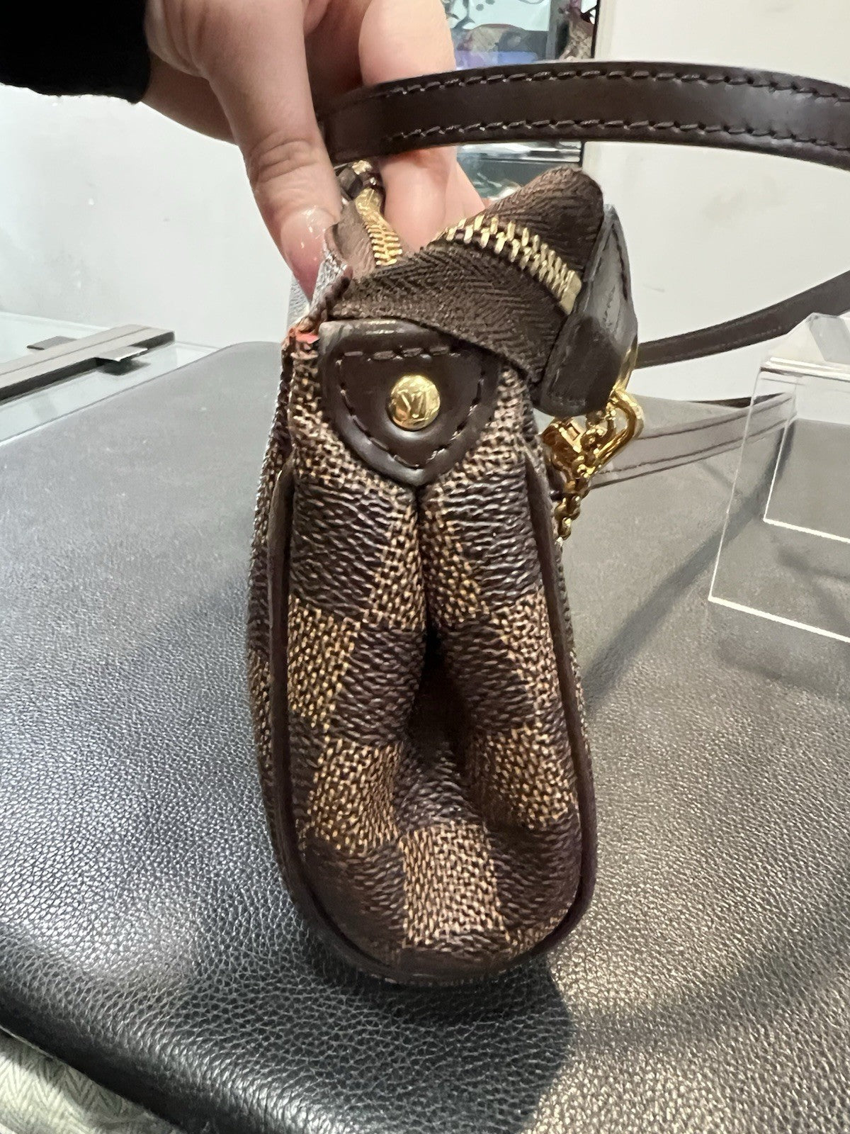 Louis Vuitton Damier Ebene Eva Clutch Crossbody Bag With Authenticity