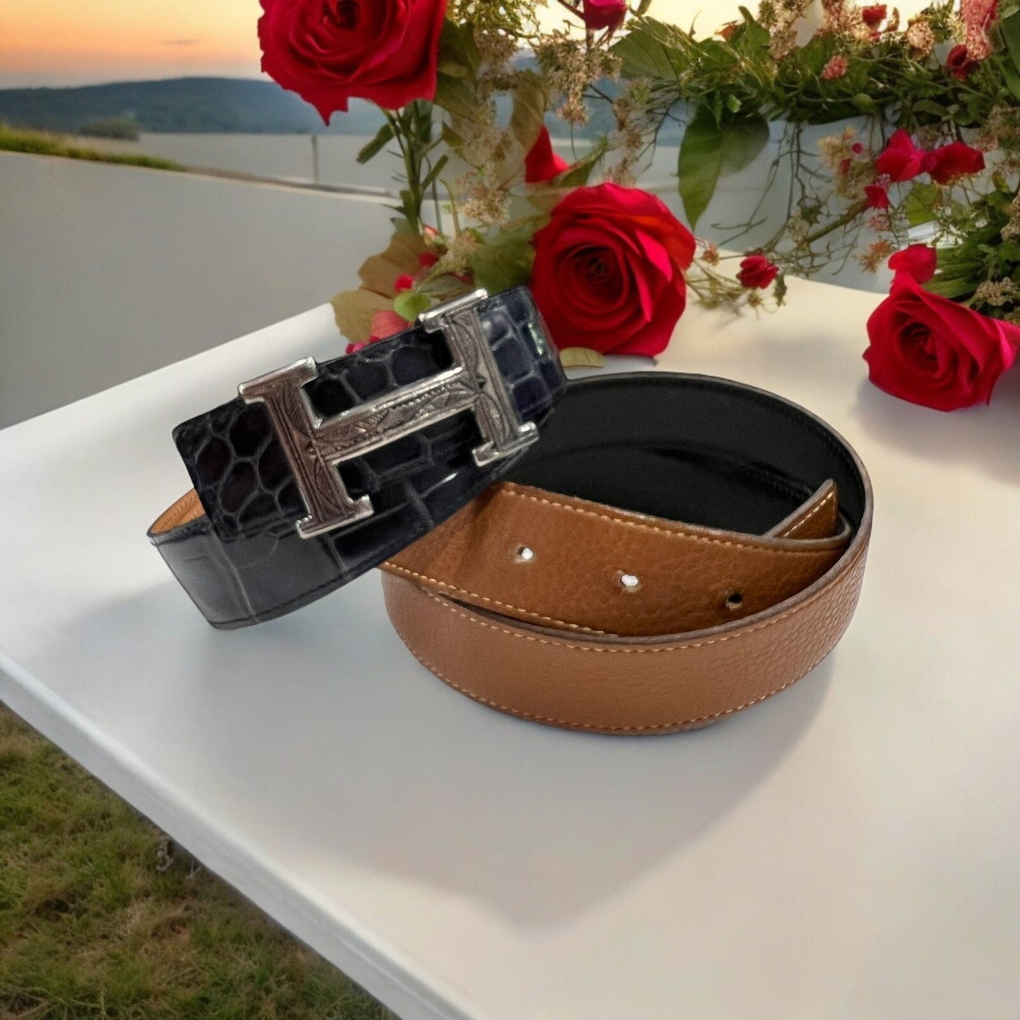 Hermes .925 H Buckle (RARE) Touraeg Croc & Reversible Belts Sz 85