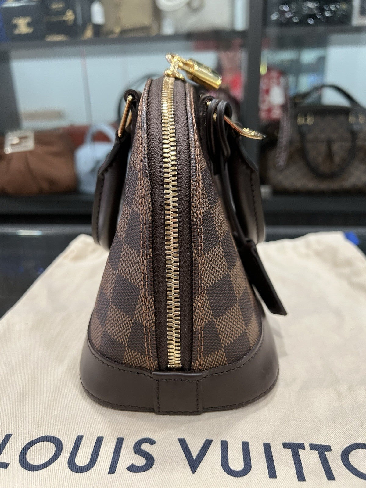 Louis Vuitton Damier Ebene Alma BB W/Lock Key & Duster (Monogrammed No Strap)