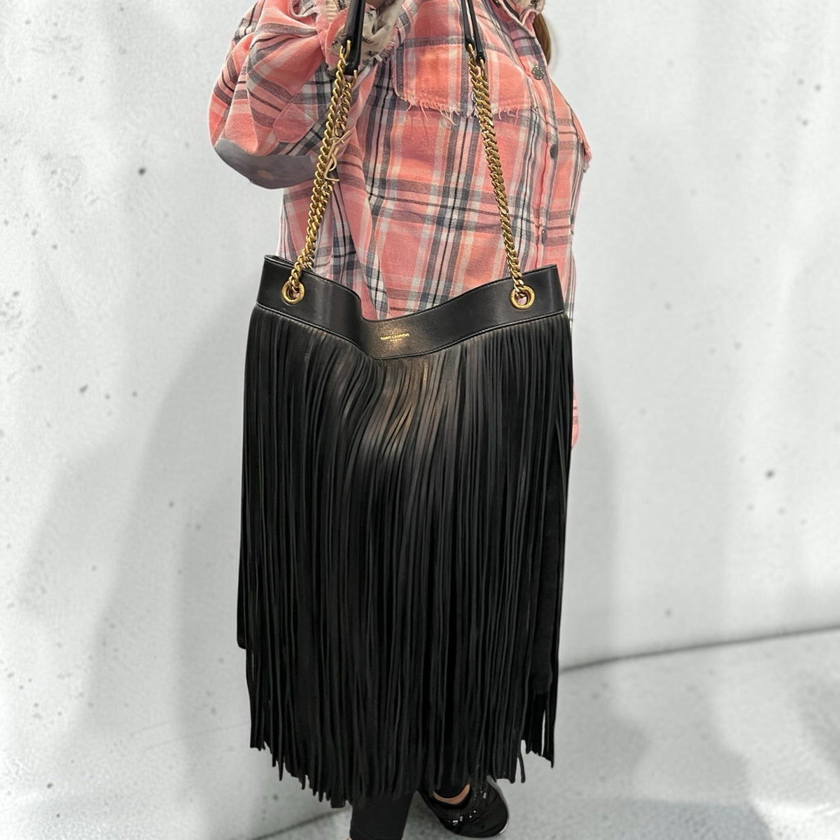YSL Saint Laurent Grace Black Fringe Suede Hobo Bag With Authenticity
