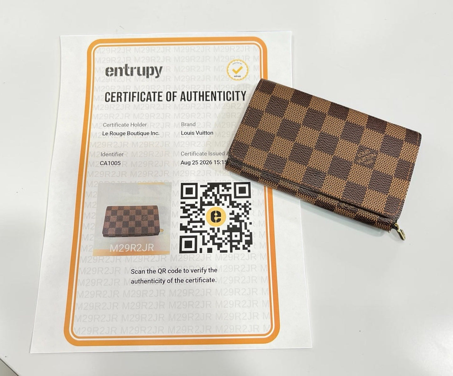 Louis Vuitton Damier Ebene Porte Monnaie Billets Tresor Wallet W/Authenticity