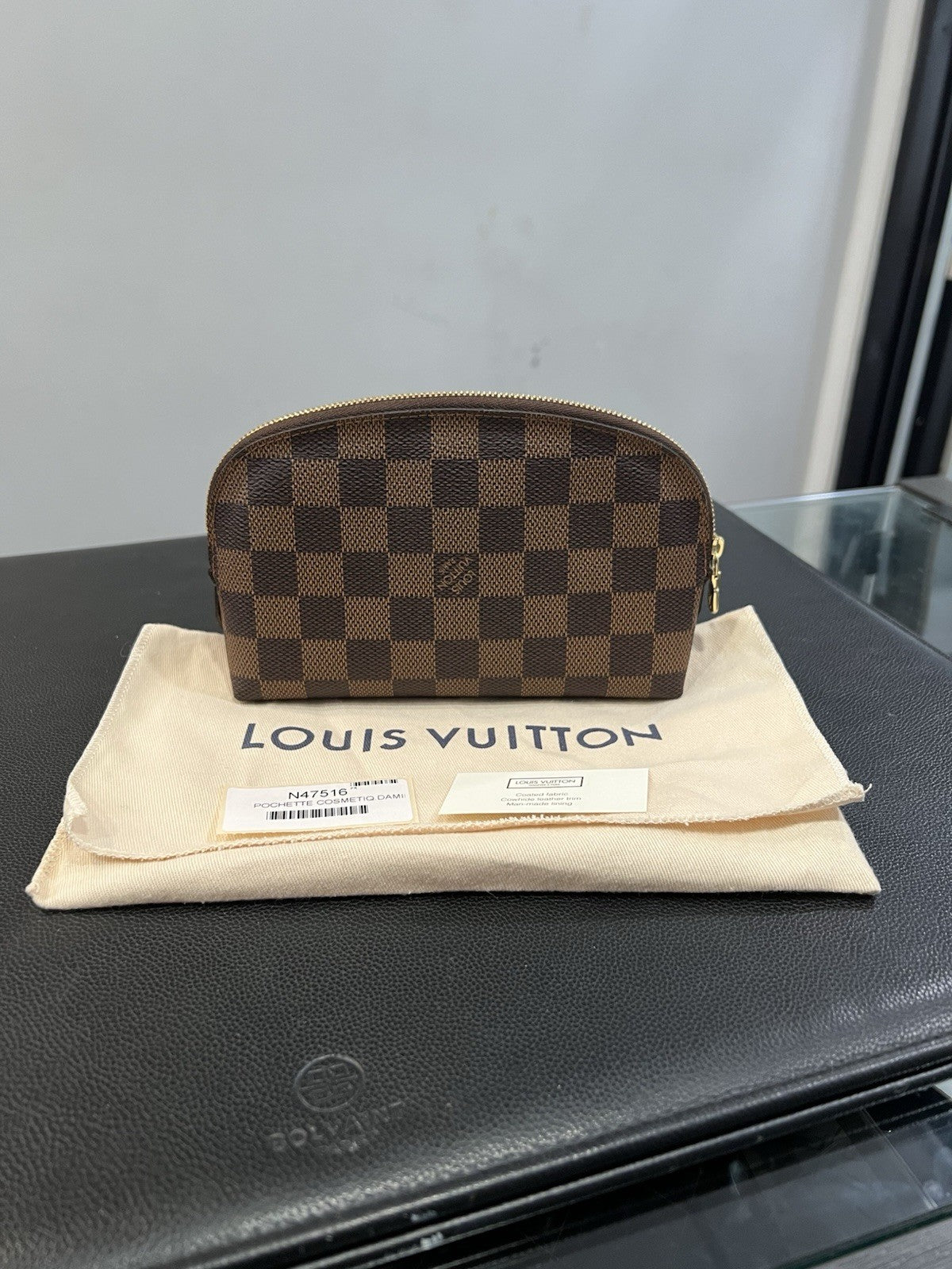 Louis Vuitton Damier Ebene Cosmetic Pochette PM With Authenticity & Duster
