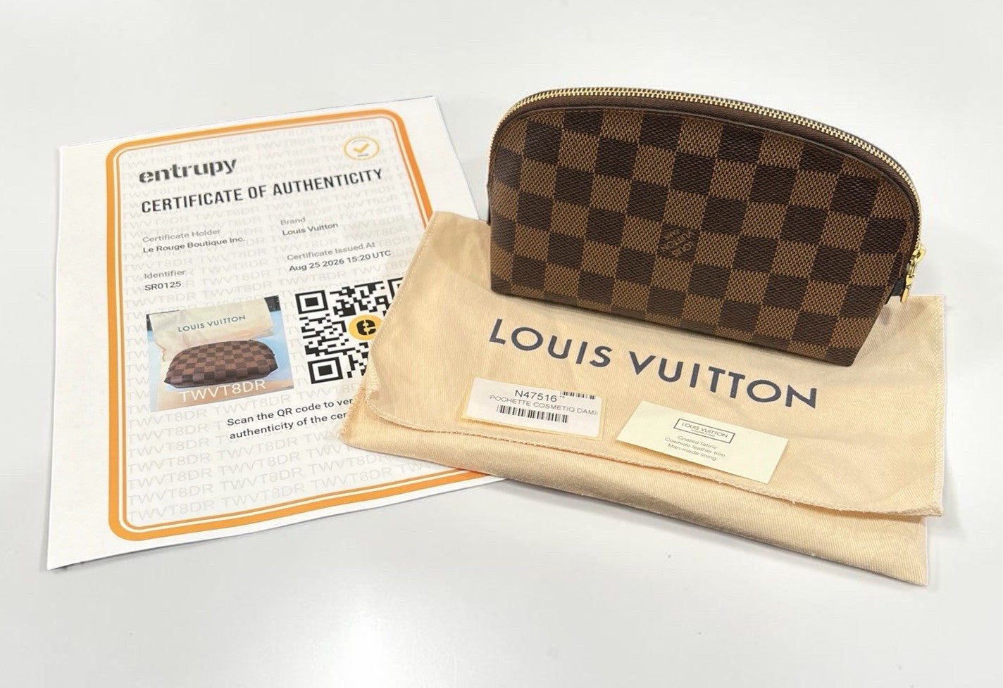 Louis Vuitton Damier Ebene Cosmetic Pochette PM With Authenticity & Duster
