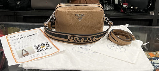 Prada Small Vitello Double Zipper Caramel Crossbody/Shoulder Bag Retail $2750