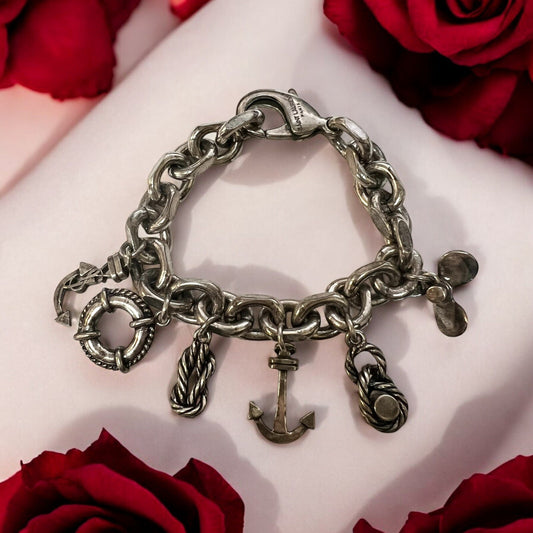 YSL Saint Laurent Nautical Silver Toned Charm Bracelet 6.25" RARE