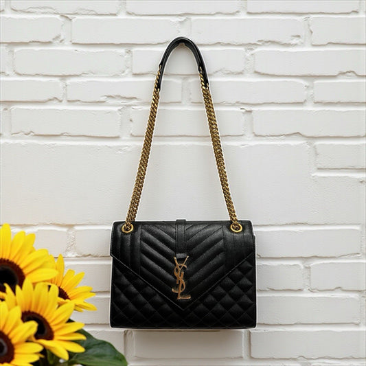 YSL Saint Laurent Medium Triquilt Chain Bag Blk/Gold W/Authenticity Retail $3150