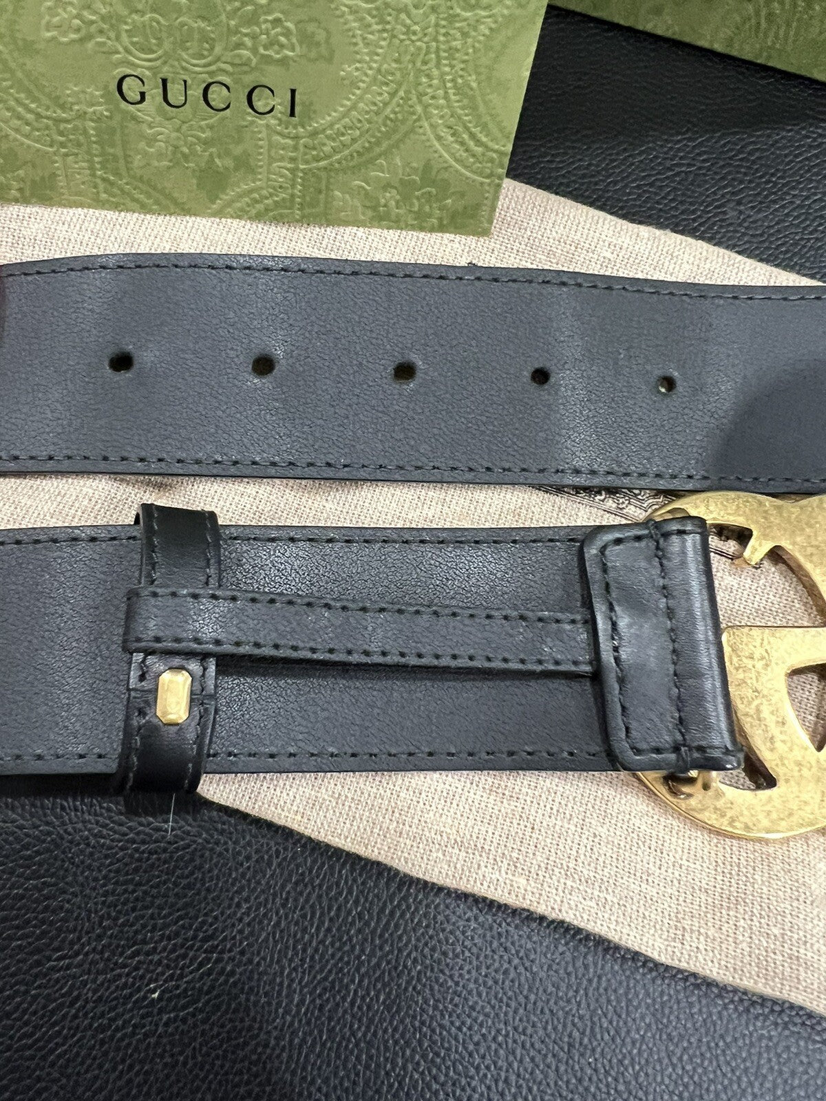 Gucci Marmont Black/Aged Gold Belt W/Box Duster & Receipt (Retail $520) 95/38"