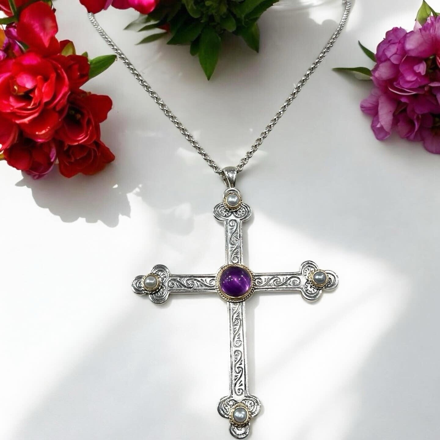 Konstantino .925 Sterling Silver 18k Gold Amethyst Pearl RARE Necklace