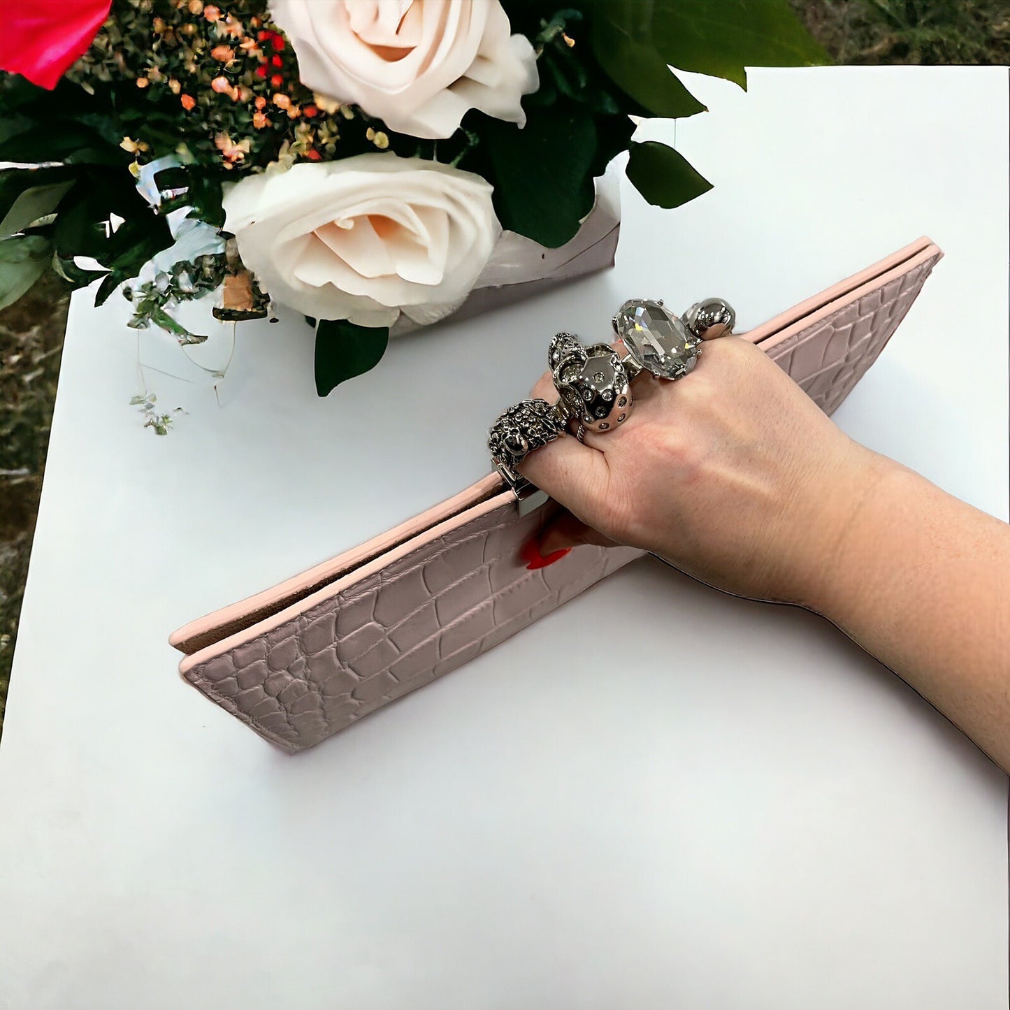 Alexander McQueen Pale Pink Crock Embossed Flat Knuckle Clutch