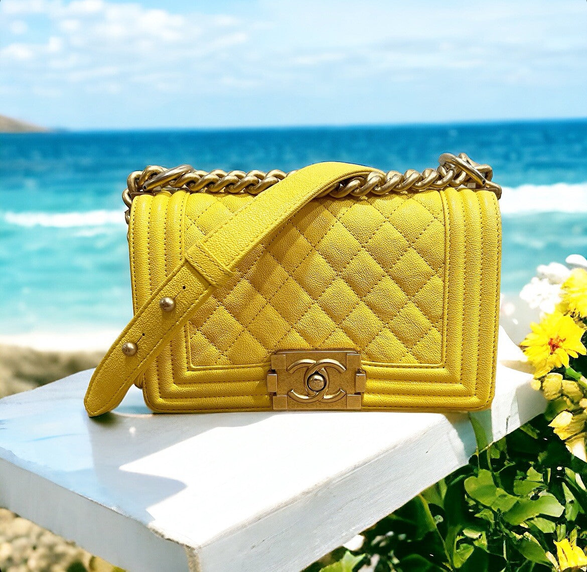 Chanel Caviar Small Yellow Boy Bag With Certificate Of Authenticity