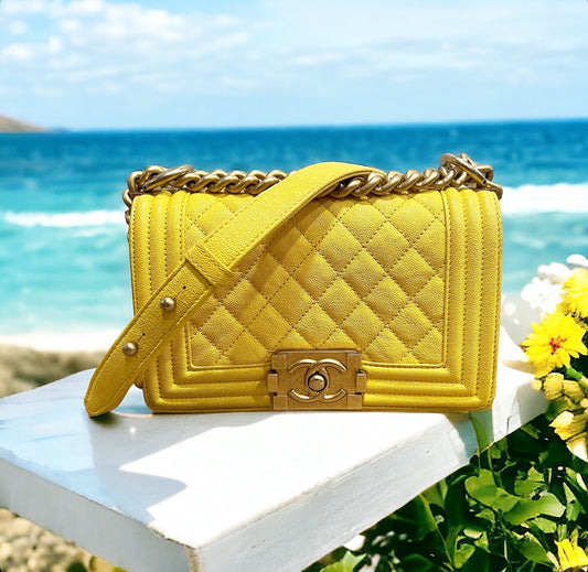Chanel Caviar Small Yellow Boy Bag With Certificate Of Authenticity