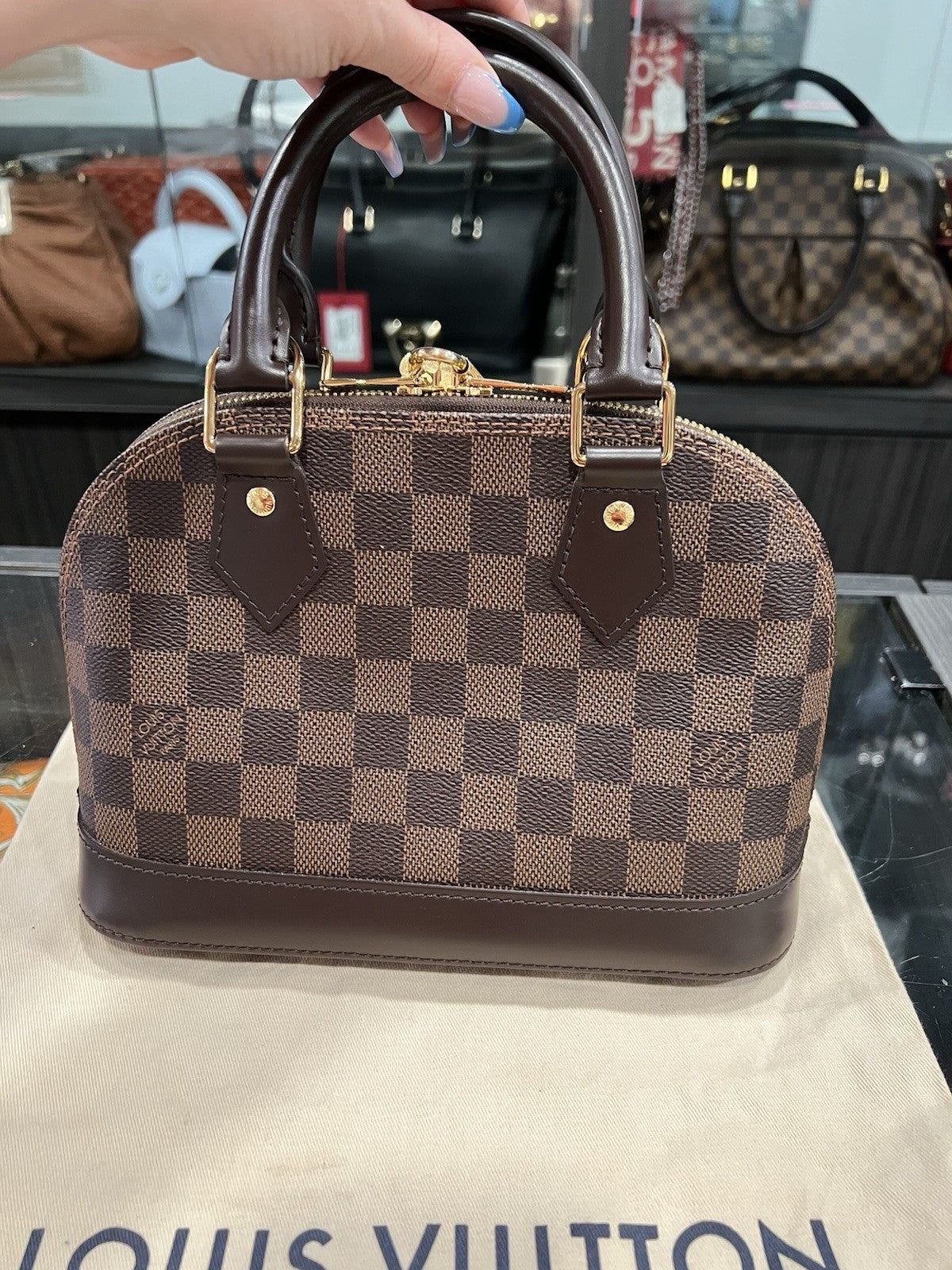 Louis Vuitton Damier Ebene Alma BB W/Lock Key & Duster (Monogrammed No Strap)