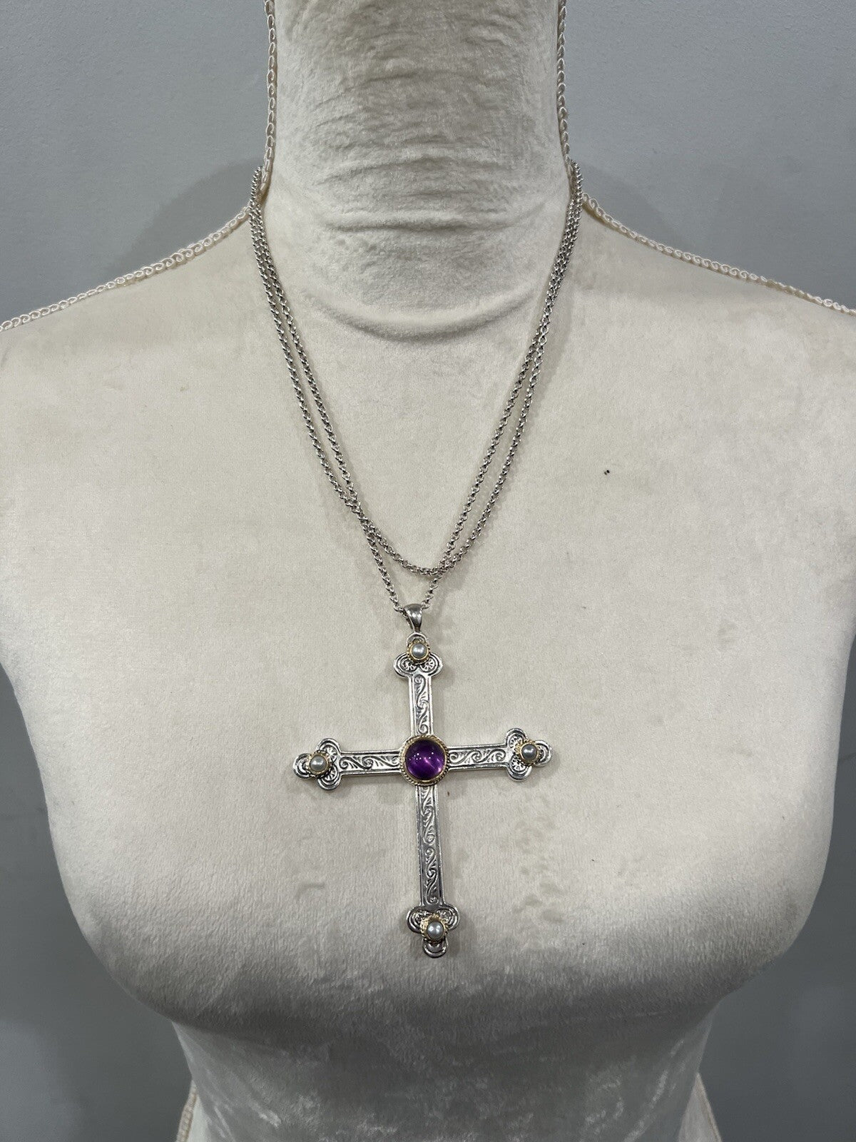 Konstantino .925 Sterling Silver 18k Gold Amethyst Pearl RARE Necklace