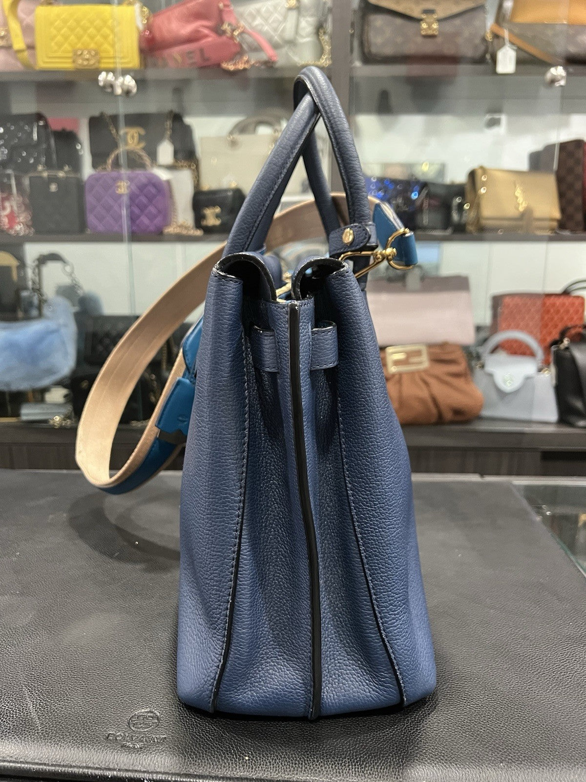 MCM Blue Leather Milla Tote With Canvas Strap