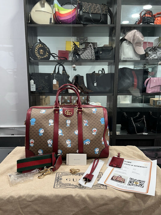 Gucci X Fujiko Pro Doraemon GG Supreme Canvas Boston Duffle Bag NWOB