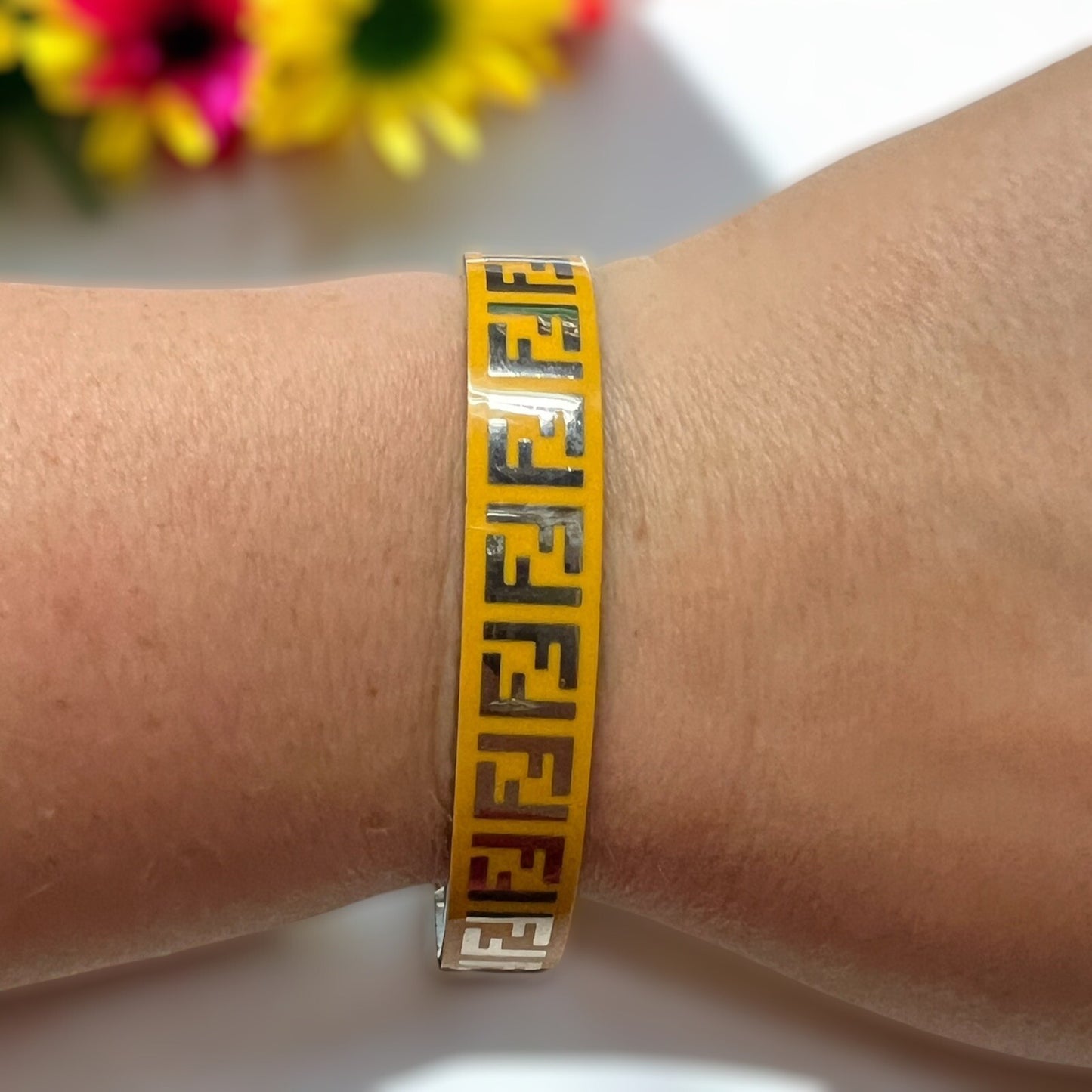 Fendi Yellow Silver Toned Enamel Forever Bracelet M