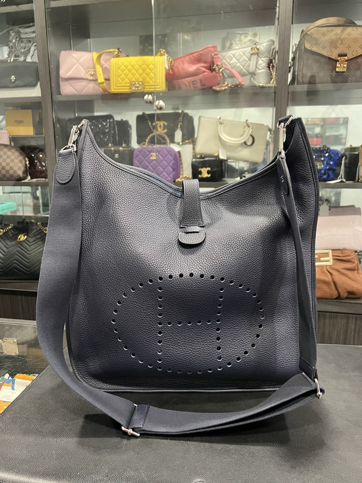 Hermes Evelyn III 40 TGM Togo Leather Dark  Blue With Authenticity Retail $4800