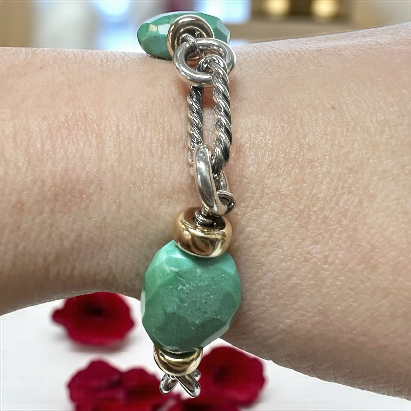 David Yurman Turquoise .925 Sterling Silver &18k Gold Figaro Bracelet RARE
