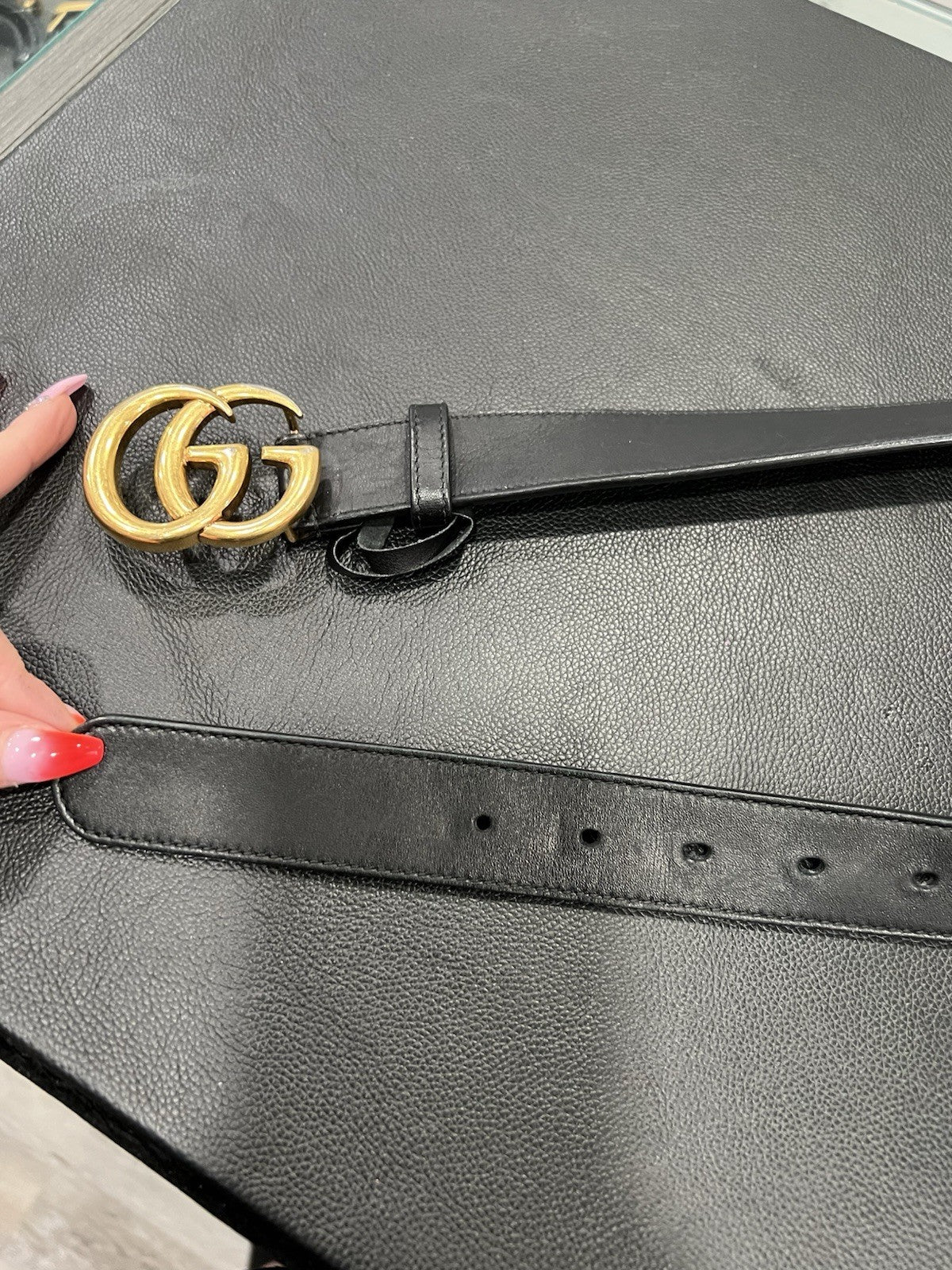 Gucci Marmont Antiqued Buckle Black Leather Belt Sizwe 95/38"