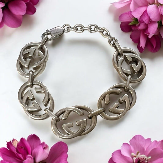 Gucci .925 Sterling Silver Britt Interlocking G Logo Bracelet 6.75
