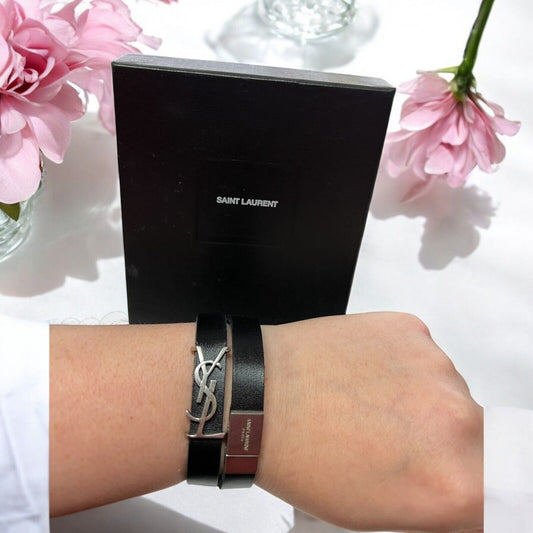 YSL Saint Laurent Black Leather Silver Logo Wrap Bracelet