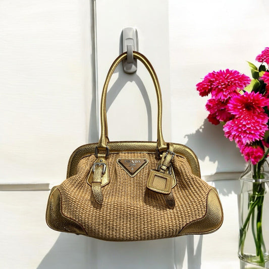 Prada Cinghiale Trimmed Paglia Straw Shoulder Bag W/Authenticity