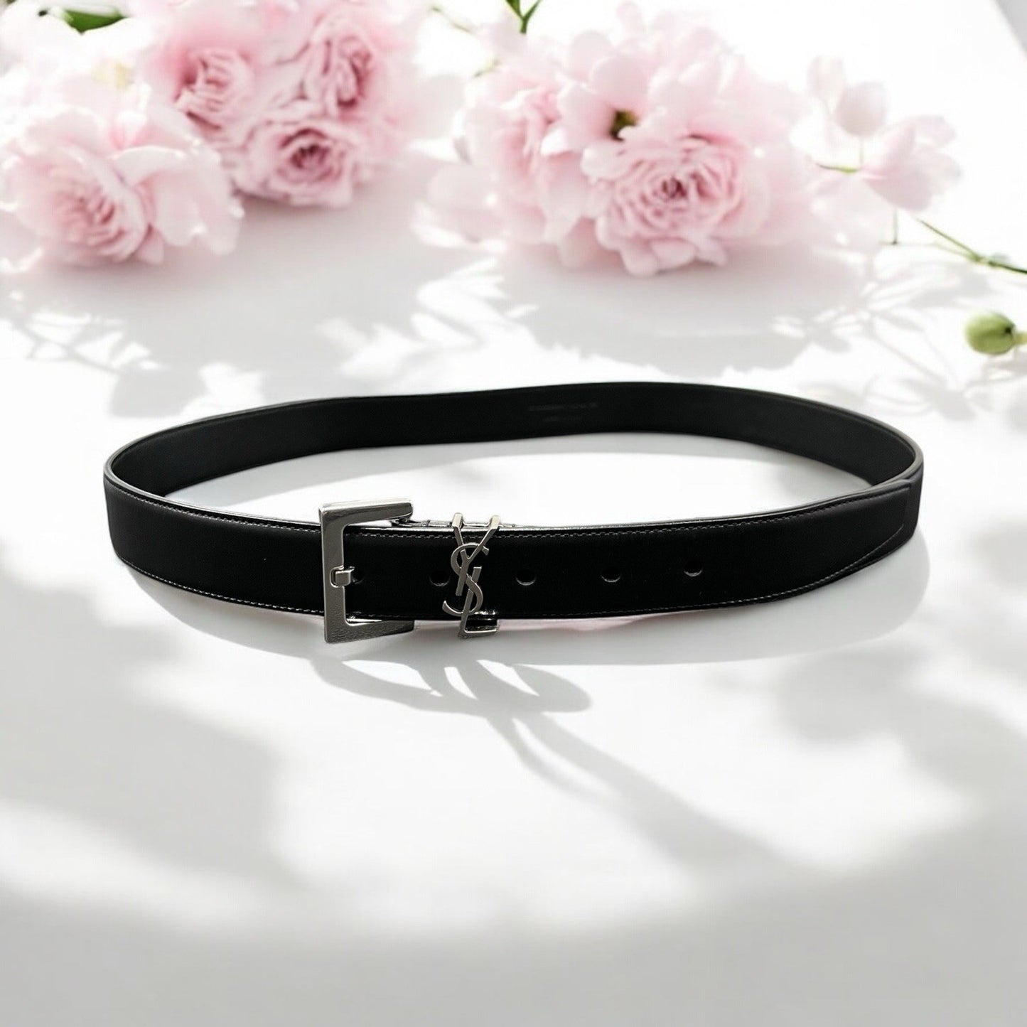 YSL Black & Silver Plated Cassandre Leather Monogram Belt Sz 90cm