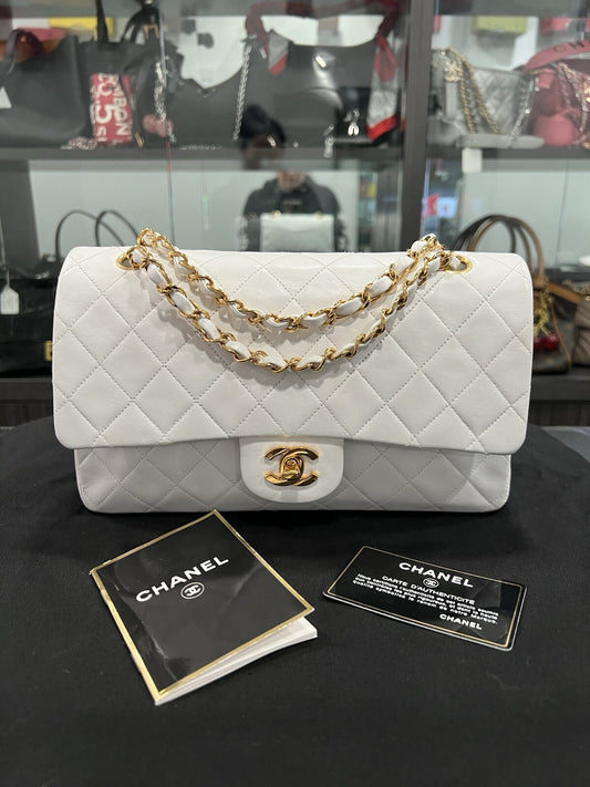 Chanel White 24k Gold Plated Hardware Lambskin Double Flap Classic