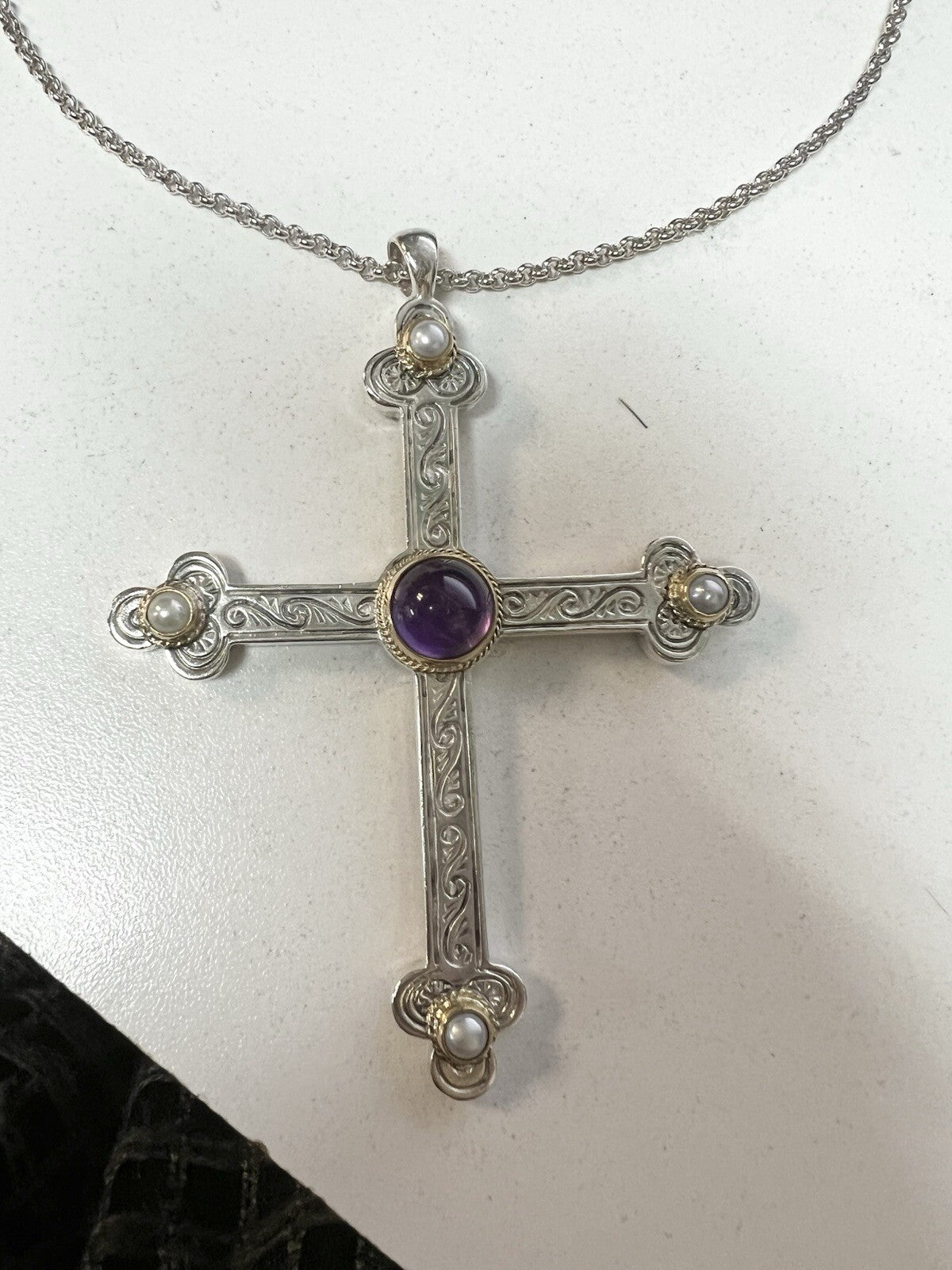 Konstantino .925 Sterling Silver 18k Gold Amethyst Pearl RARE Necklace