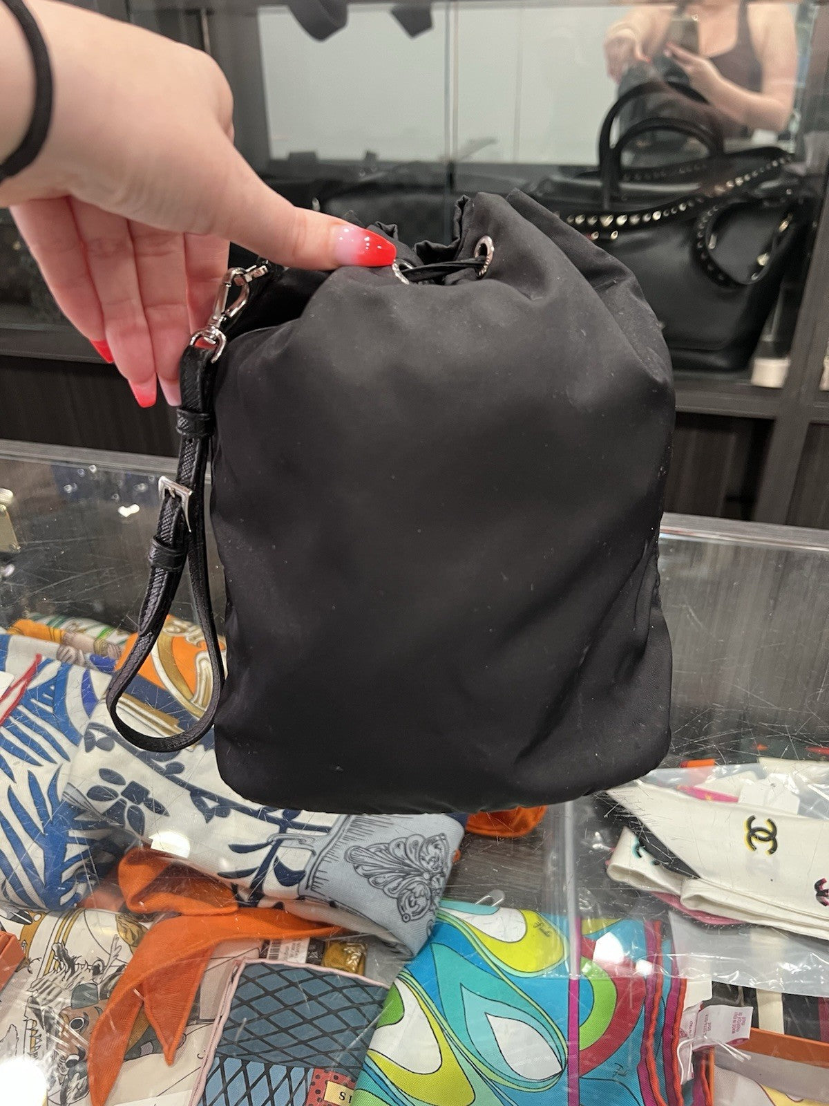 Prada Drawstring Wristlet Bucket Bag Tessuto Small