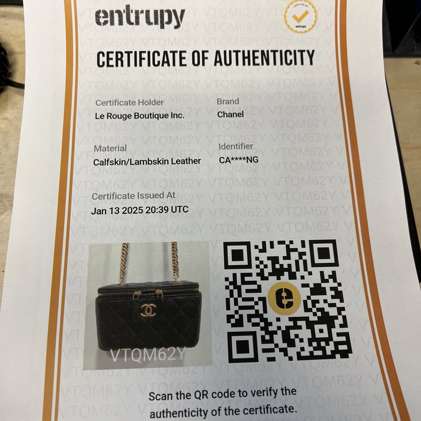 Chanel Charm Chain Vanity Lambskin Case W/Certifiacte Of Authenticity