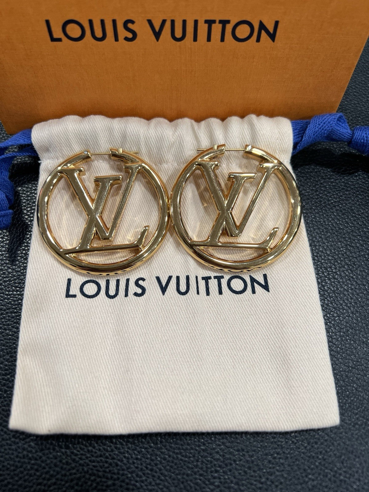 Louis Vuitton Louise GM Hoop Earrings With Box & Duster Retail $725