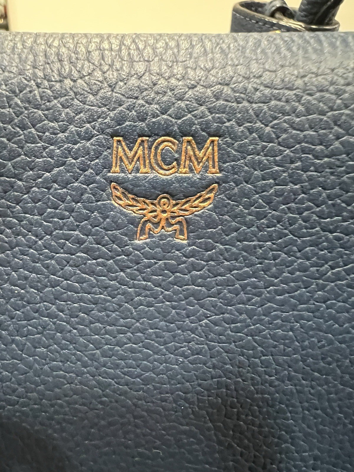 MCM Blue Leather Milla Tote With Canvas Strap