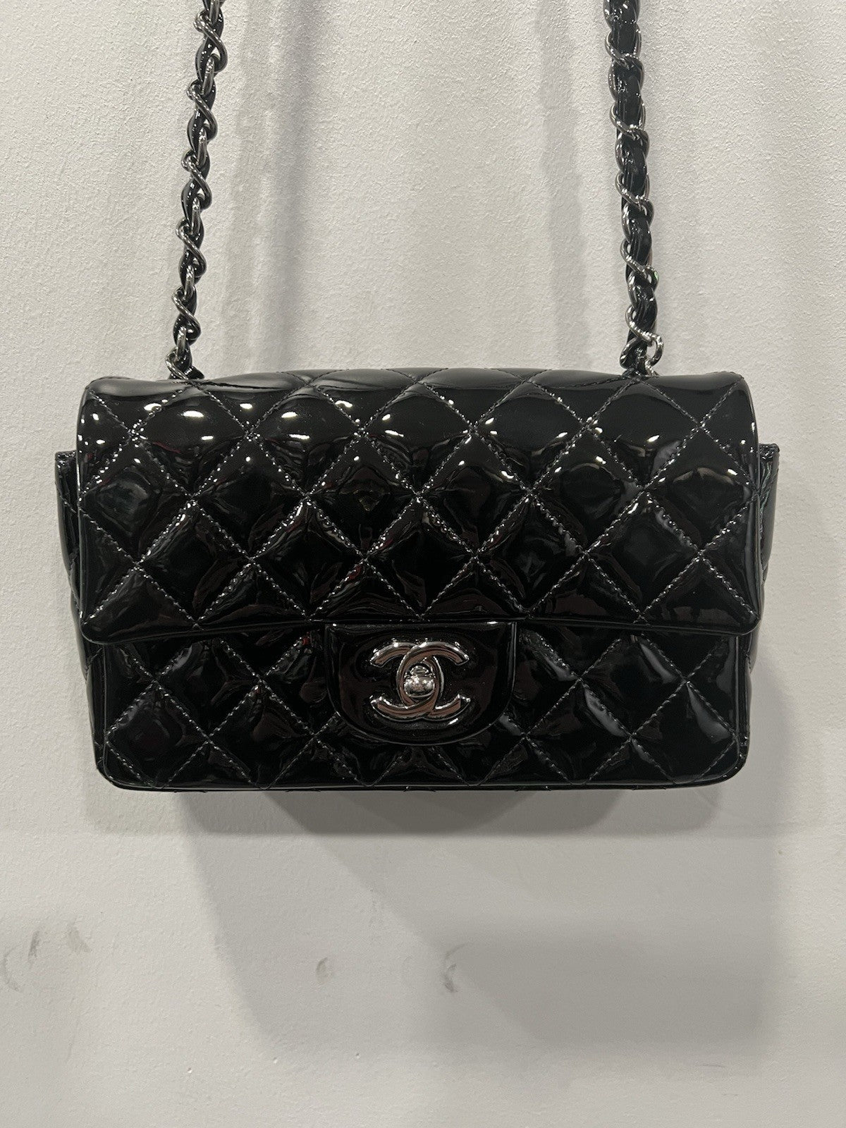 Chanel Patent Mini Rectangular Classic Single Flap Black SHW