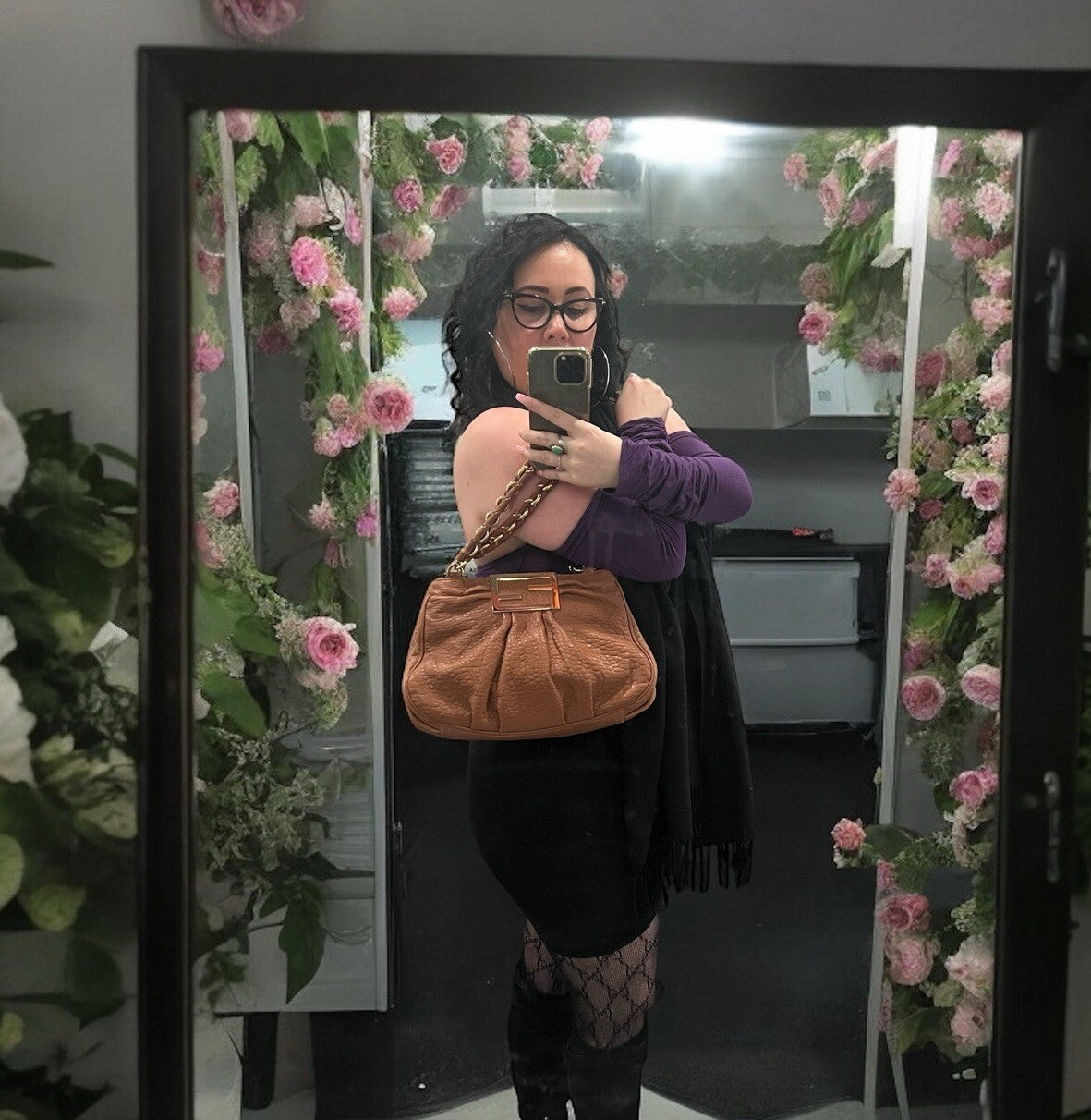 Fendi Small Mia Cognac Chain Shoulder Bag W/Card