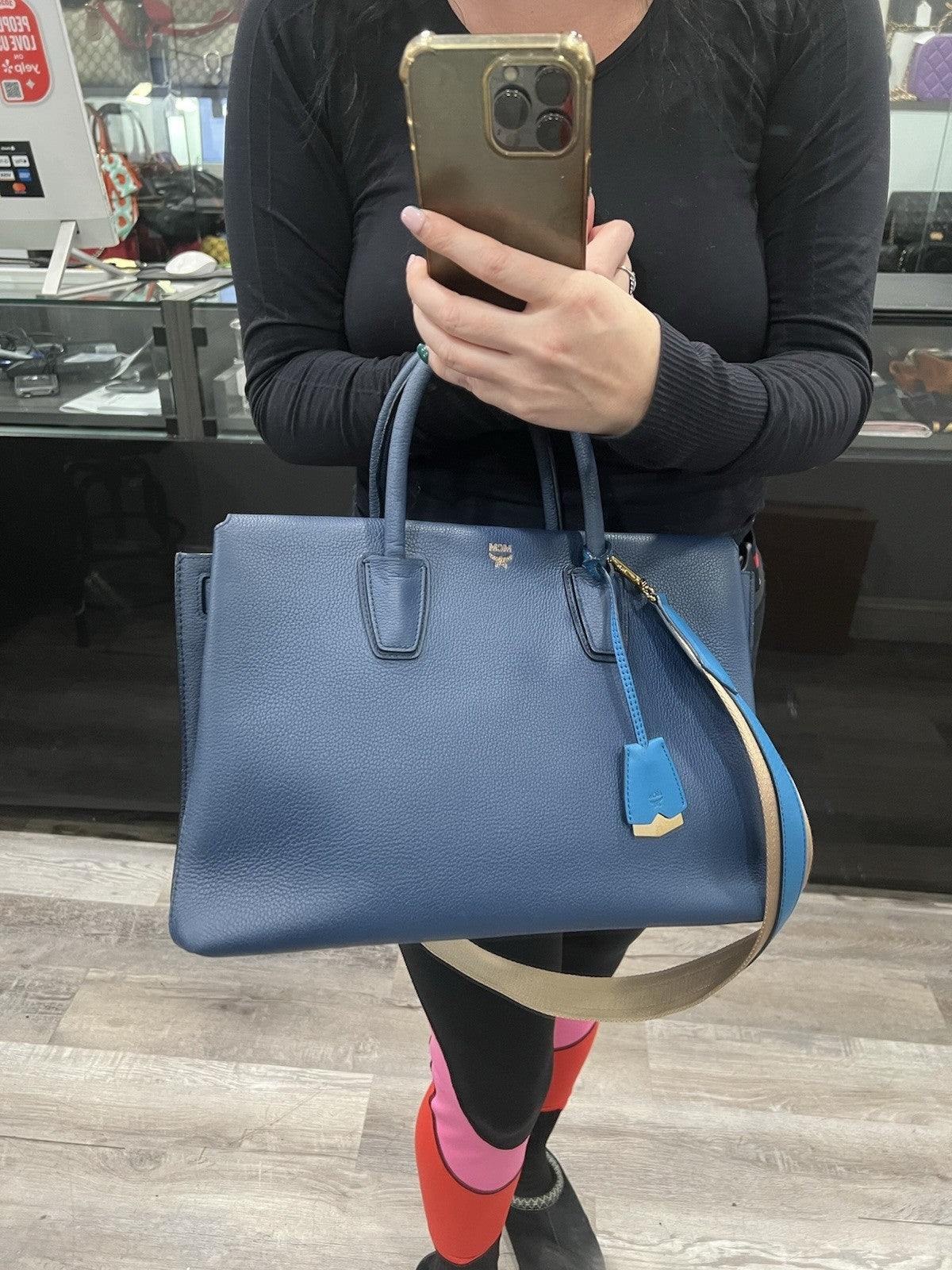 MCM Blue Leather Milla Tote With Canvas Strap