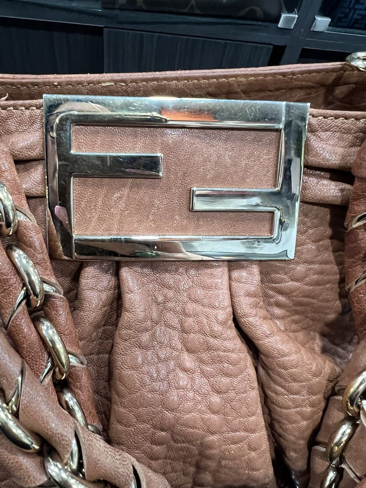 Fendi Small Mia Cognac Chain Shoulder Bag W/Card