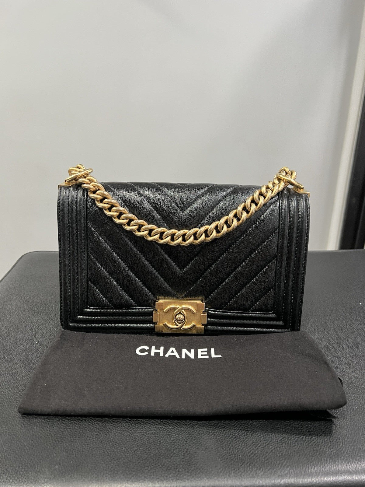Chanel Black Gold Chevron Caviar Boy Bag With Duster & Authenticity Retail $6900