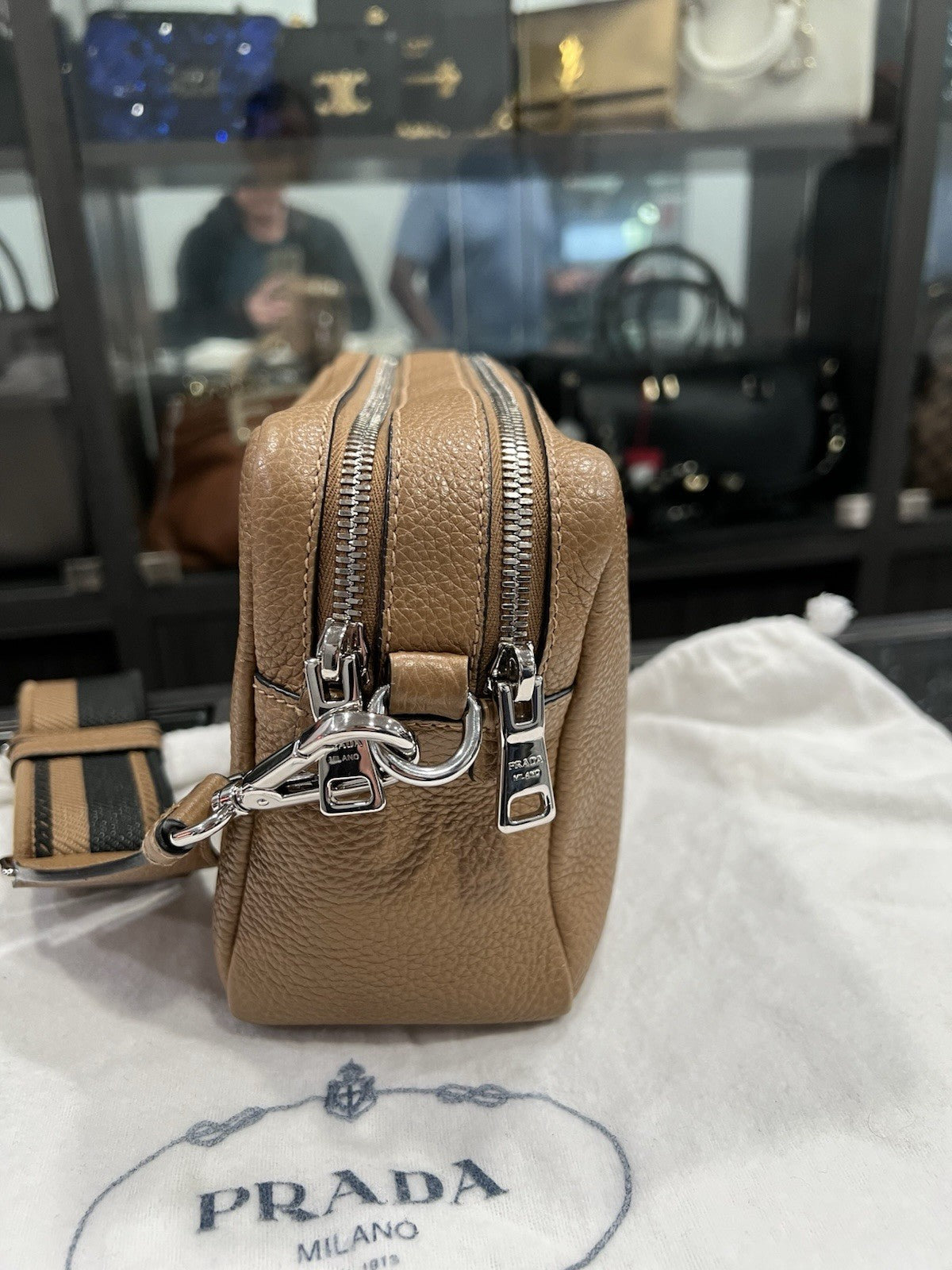 Prada Small Vitello Double Zipper Caramel Crossbody/Shoulder Bag Retail $2750
