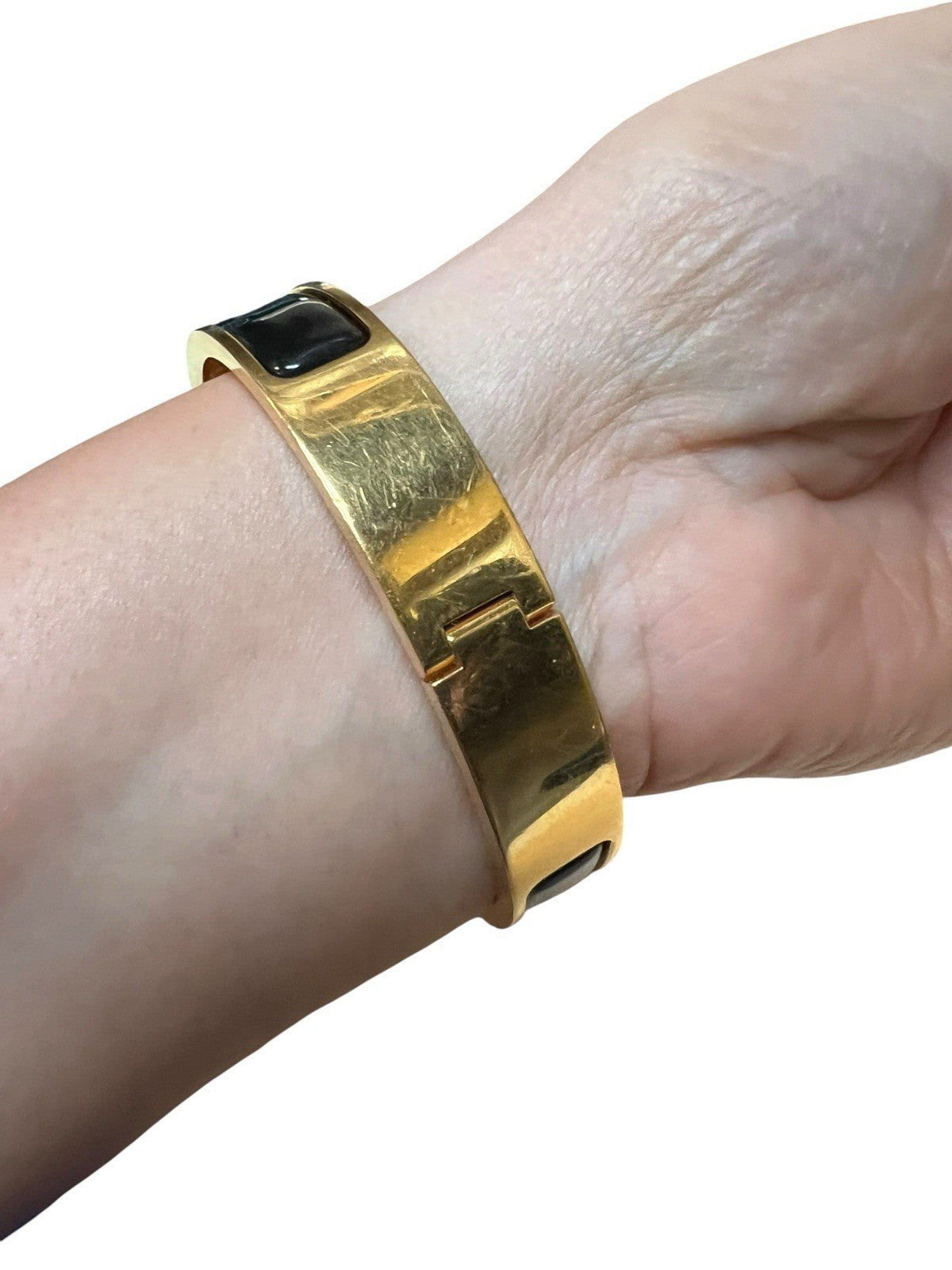 Hermes Click H Black/Gold Cuff Bracelet Retail $810 AUTHENTIC 6.75"