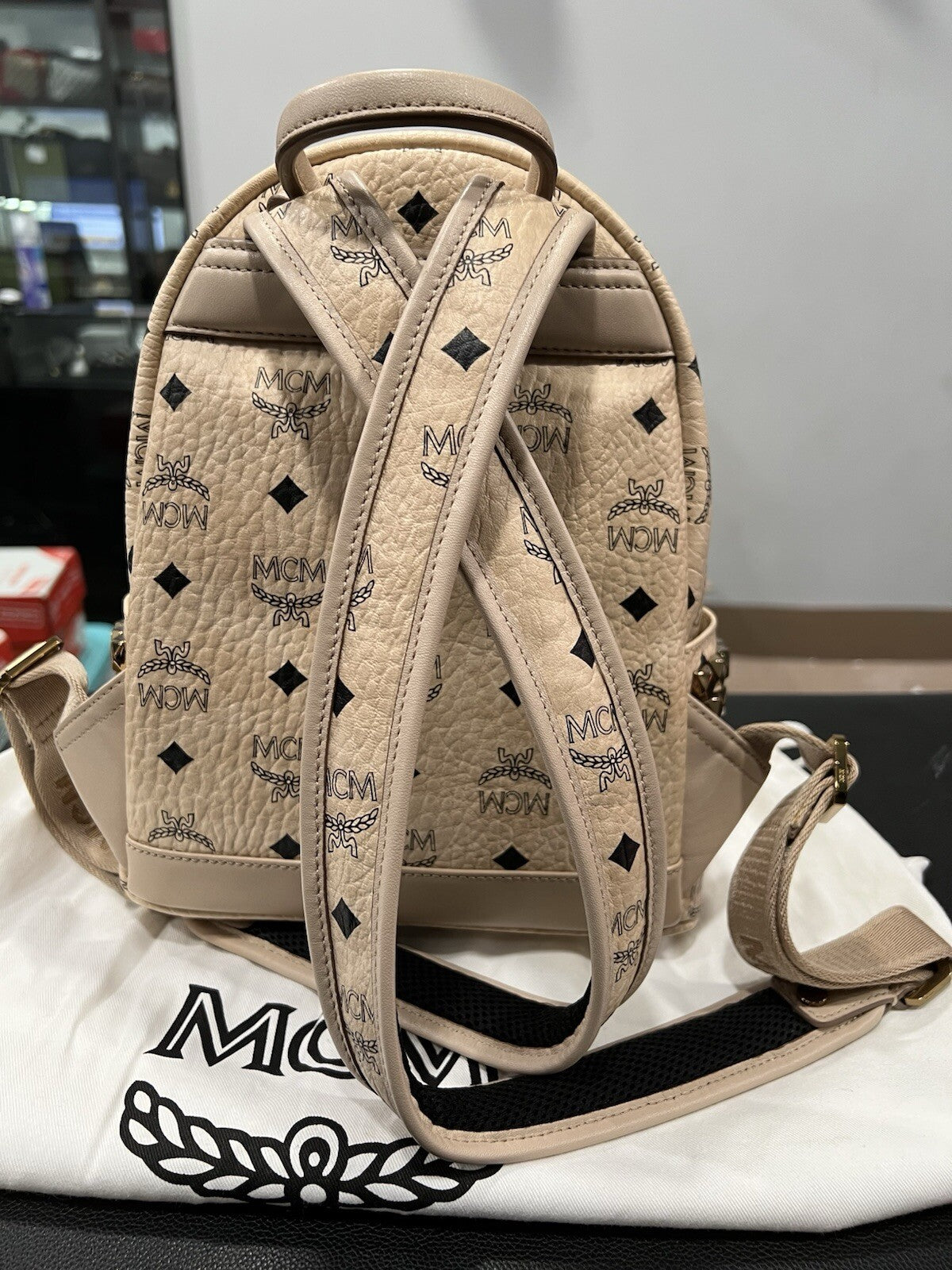 MCM Stark Side Studded Beige Visetos Studded Small Backpack