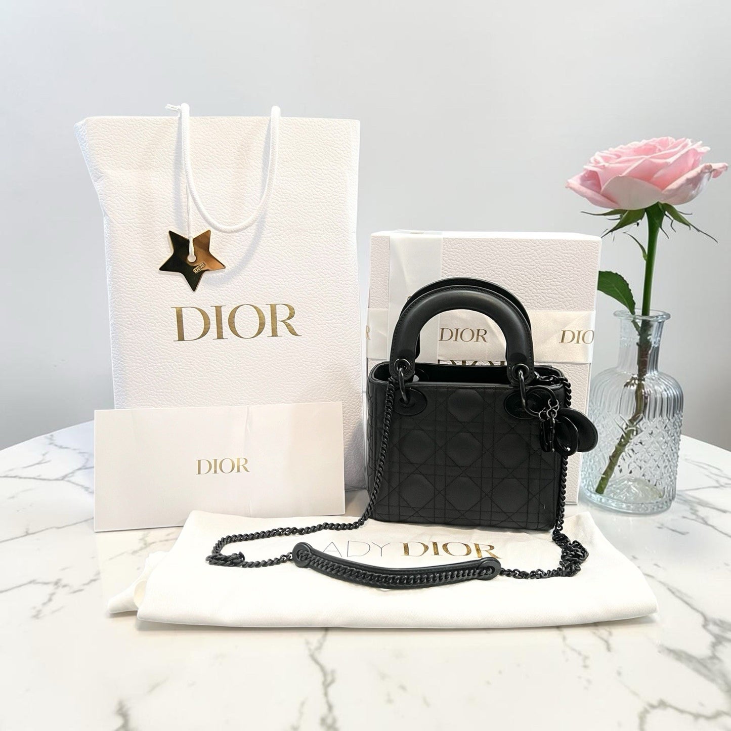 Christian Dior Matte Black Cannage Mini Lady Bag Box Duster Receipt Retail $5500