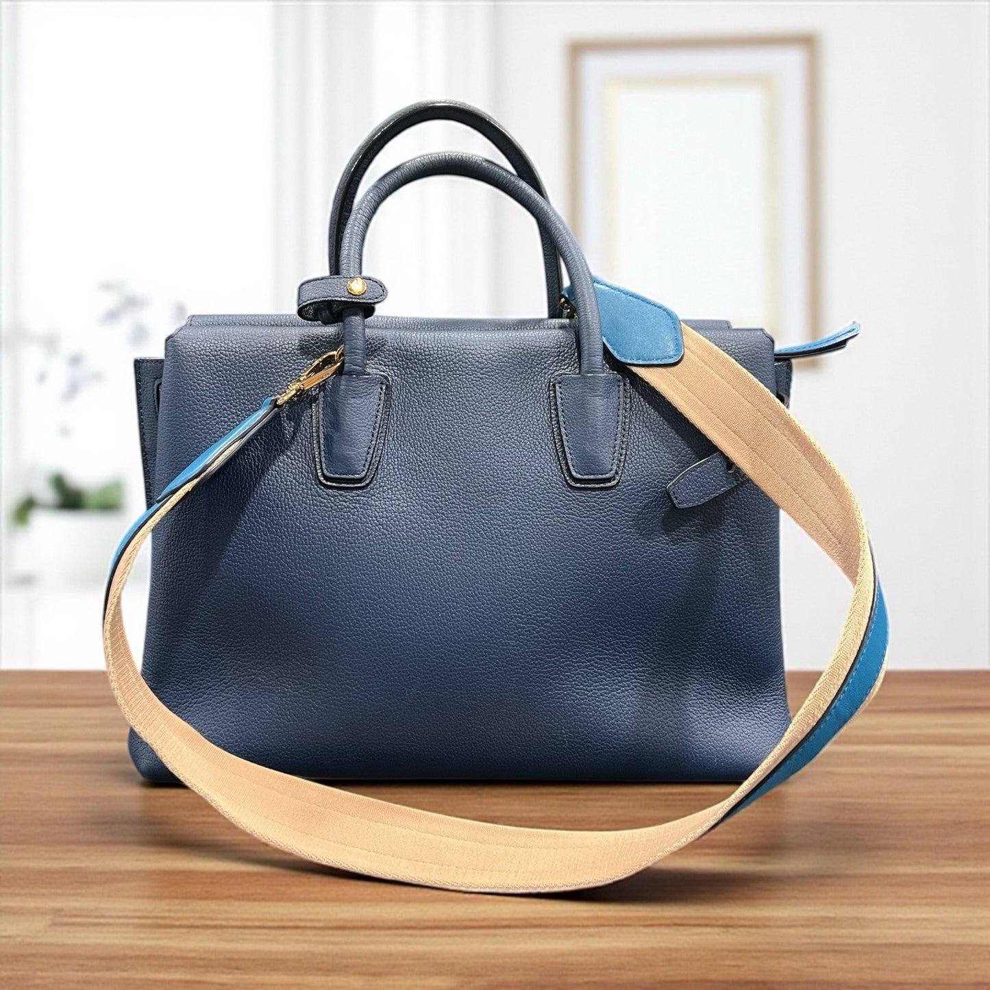MCM Blue Leather Milla Tote With Canvas Strap