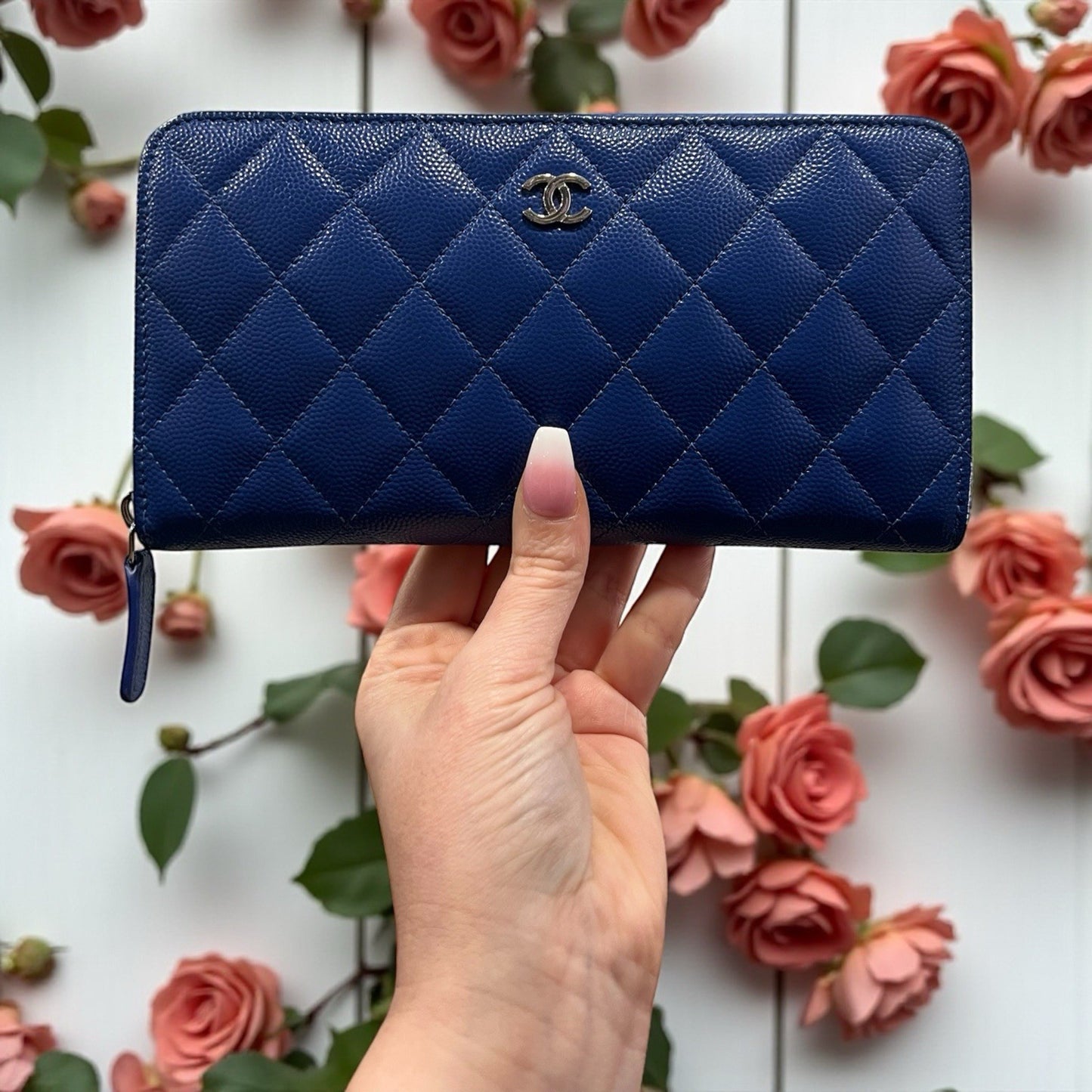 Chanel Caviar Cobalt Blue Leather Zip Around Wallet With Authenticity