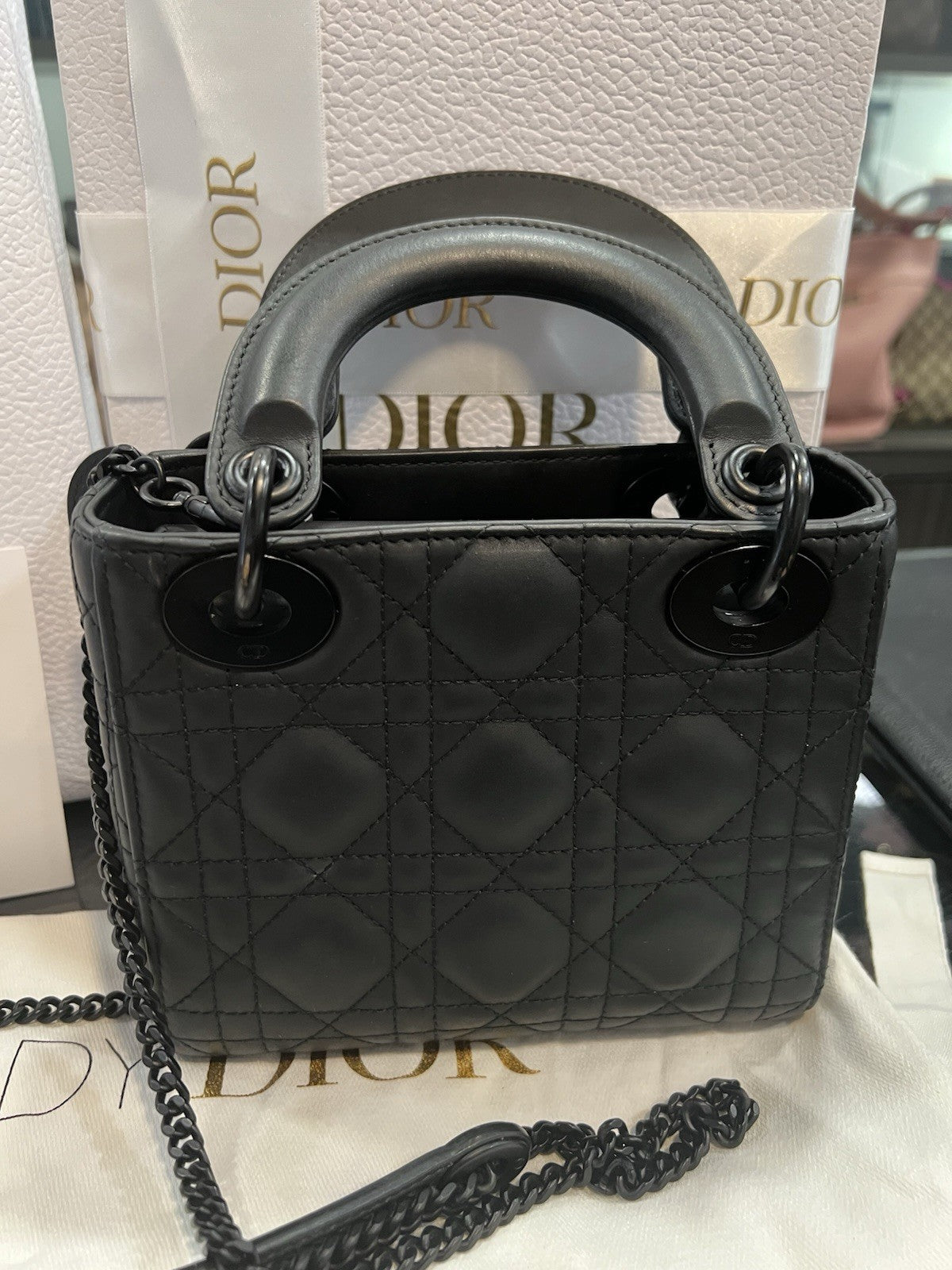 Christian Dior Matte Black Cannage Mini Lady Bag Box Duster Receipt Retail $5500