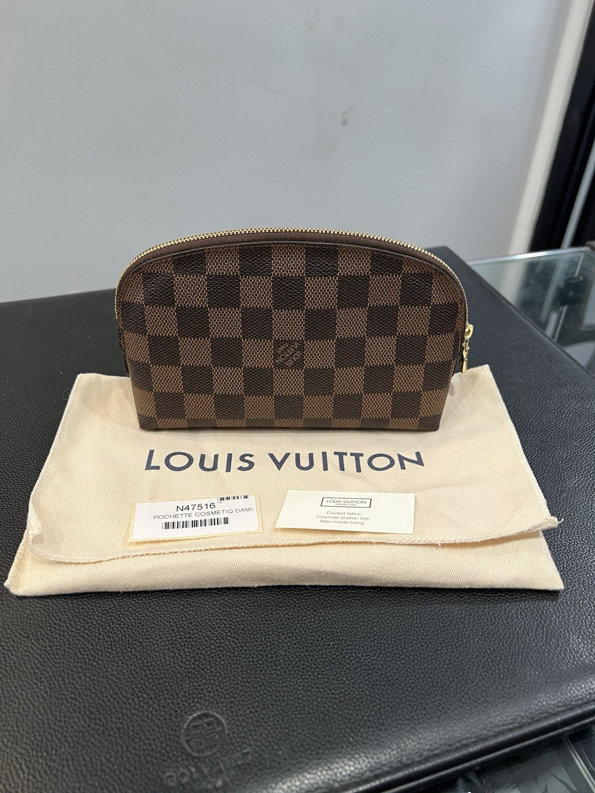 Louis Vuitton Damier Ebene Cosmetic Pochette PM With Authenticity & Duster