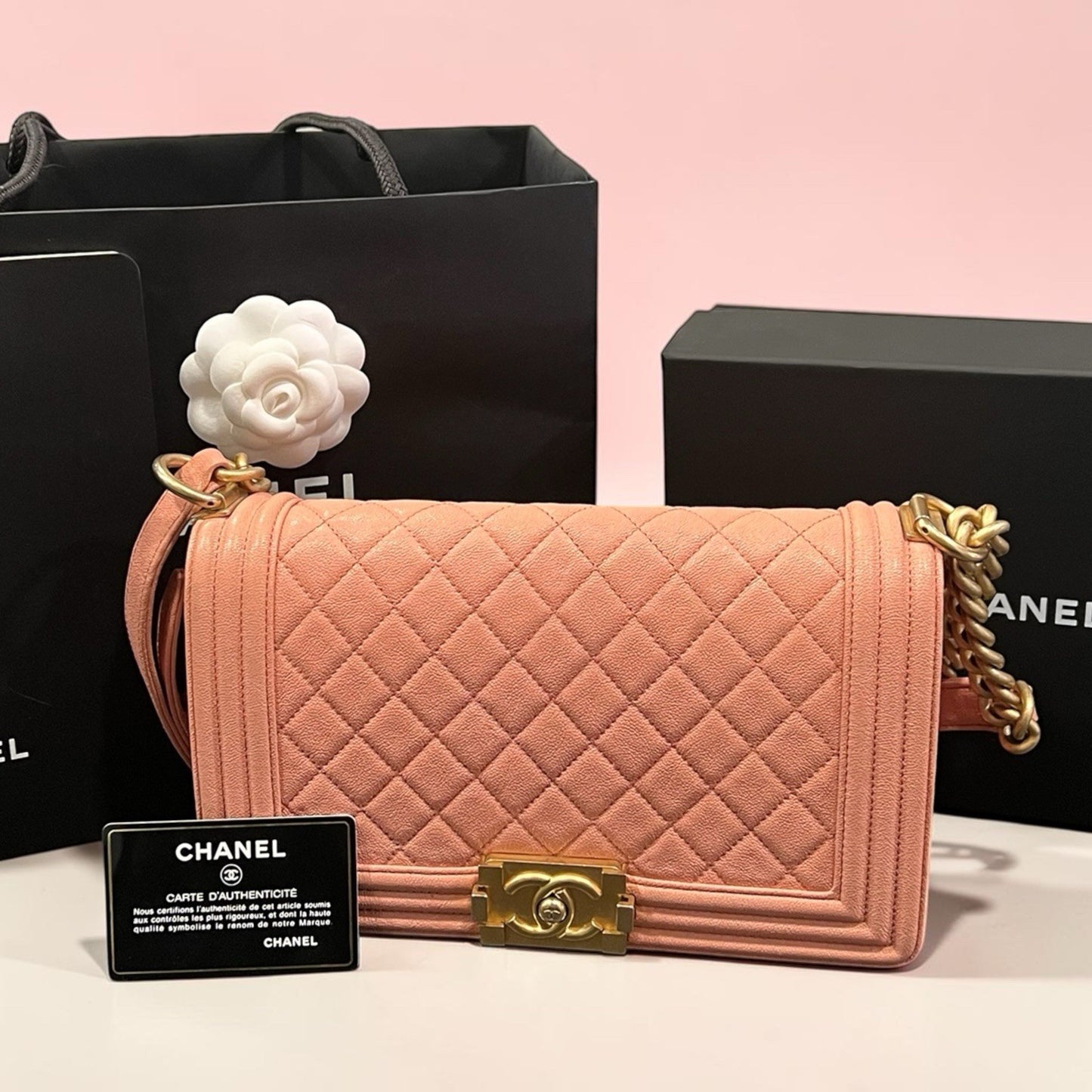 Chanel Quilted Pink Gold Medium Boy Bag With Box Duster Bag & Certifiicate