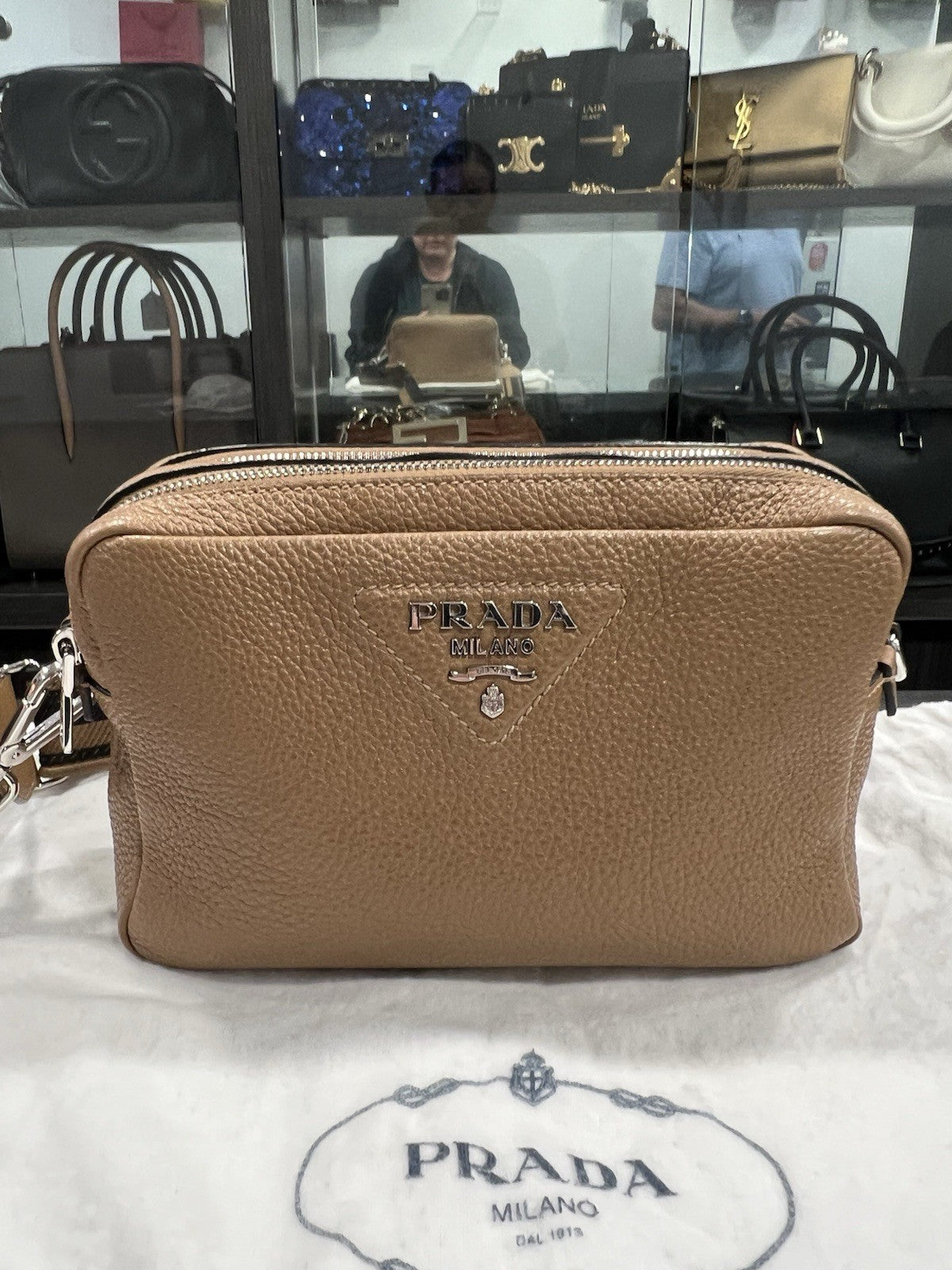 Prada Small Vitello Double Zipper Caramel Crossbody/Shoulder Bag Retail $2750